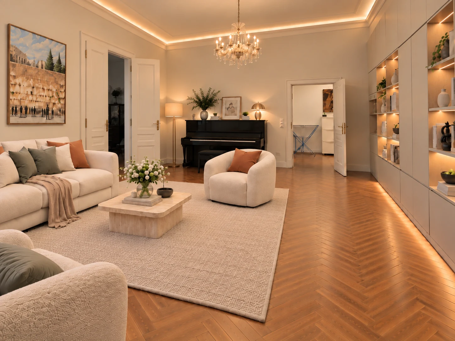 Interior-Design-Visualisierung eines Wiener Wohnzimmers mit indirekter Deckenbeleuchtung, Sitzbereich und beleuchteter Wohnwand.