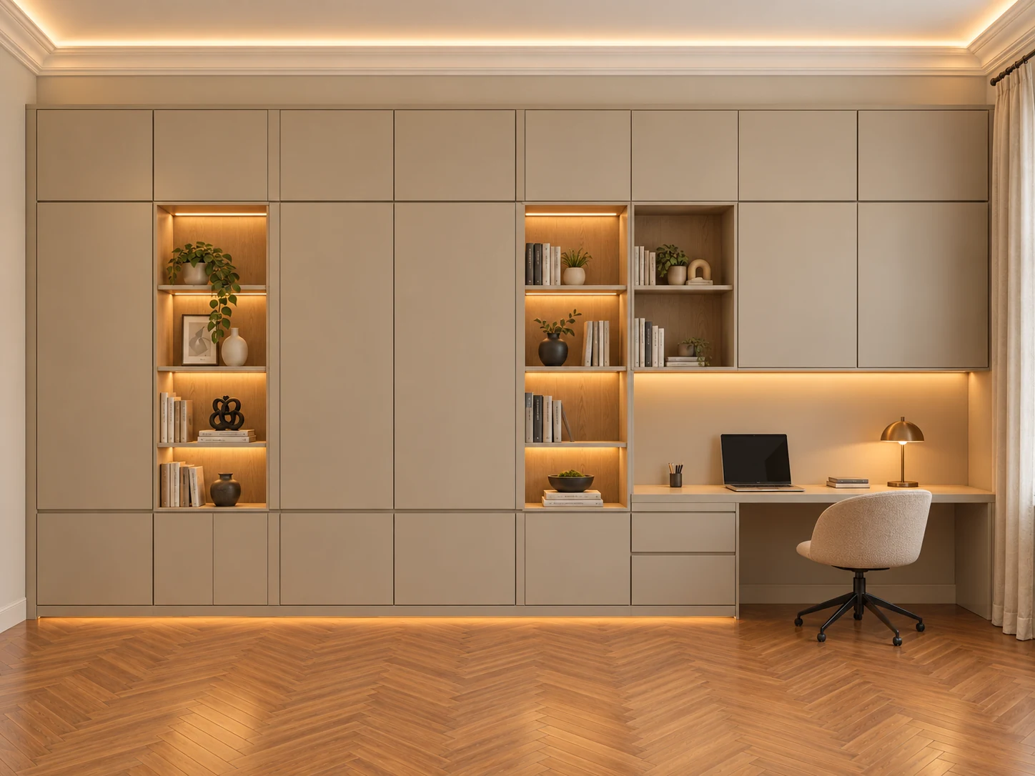 3D-Visualisierung einer raumhohen Wohnwand mit indirekter LED-Beleuchtung, Regalfächern und integriertem Schreibtisch.